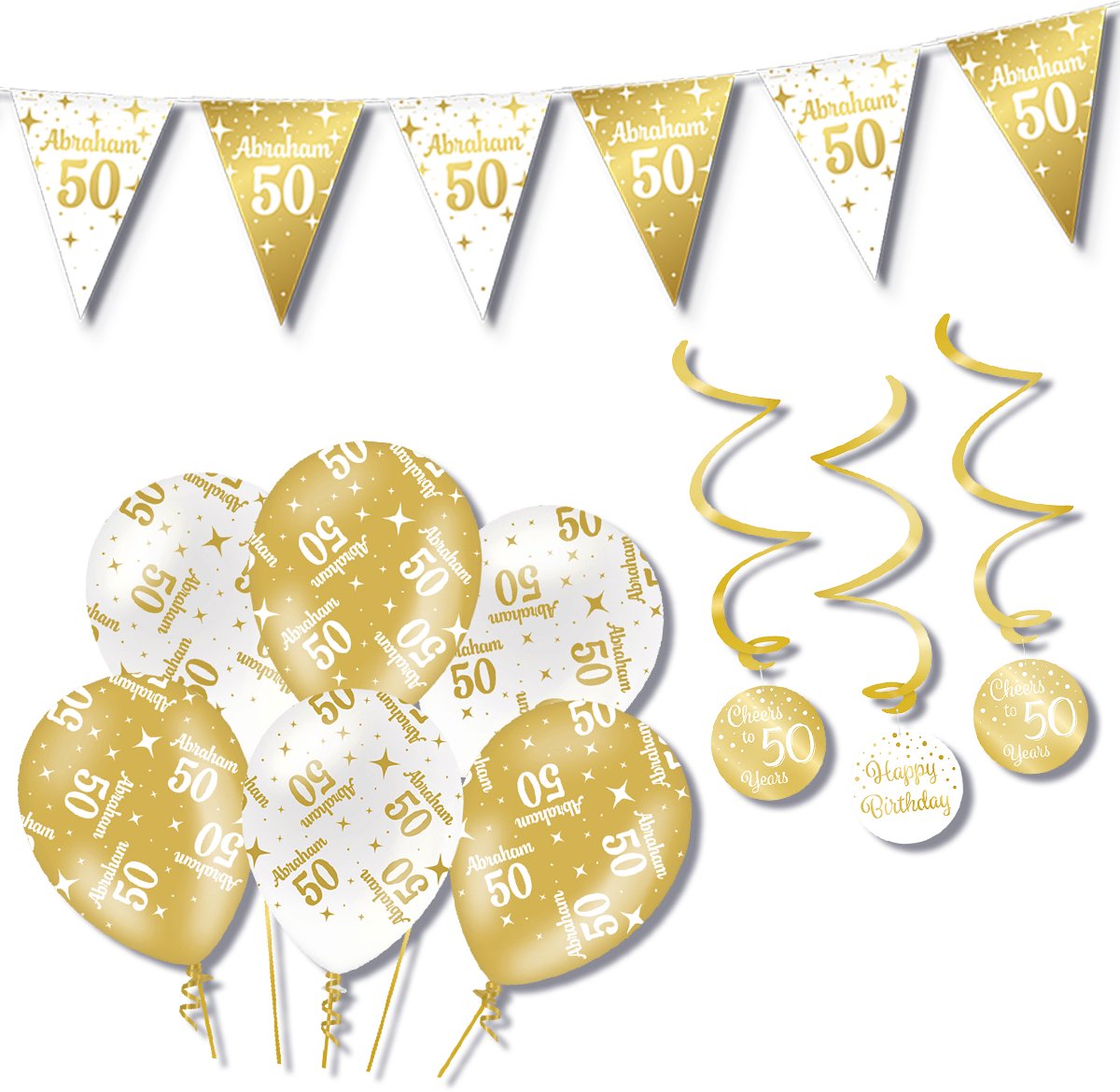 BTH – Abraham – Wit-Goud – Verjaardag Set – 50 Jaar – Ballonnen-Swirls-Vlaggenlijn – Alles-in-1 – Decoratie Pakket