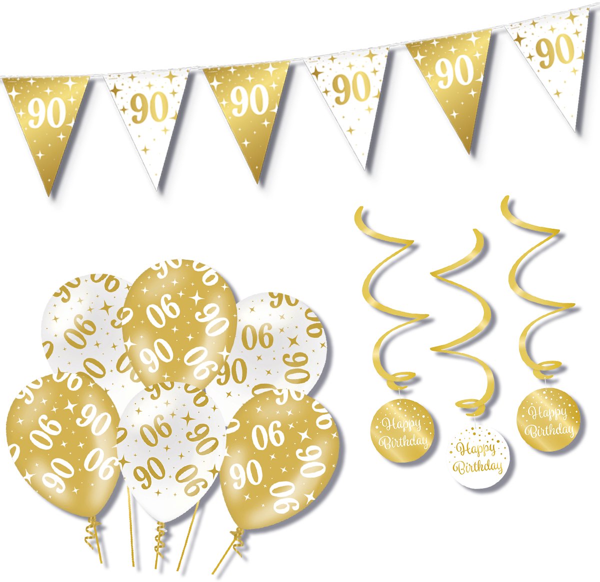 BTH – Verjaardag 90 Jaar – Wit-Goud – Verjaardag Set – Ballonnen-Swirls-Vlaggenlijn – Alles-in-1 – Decoratie Pakket