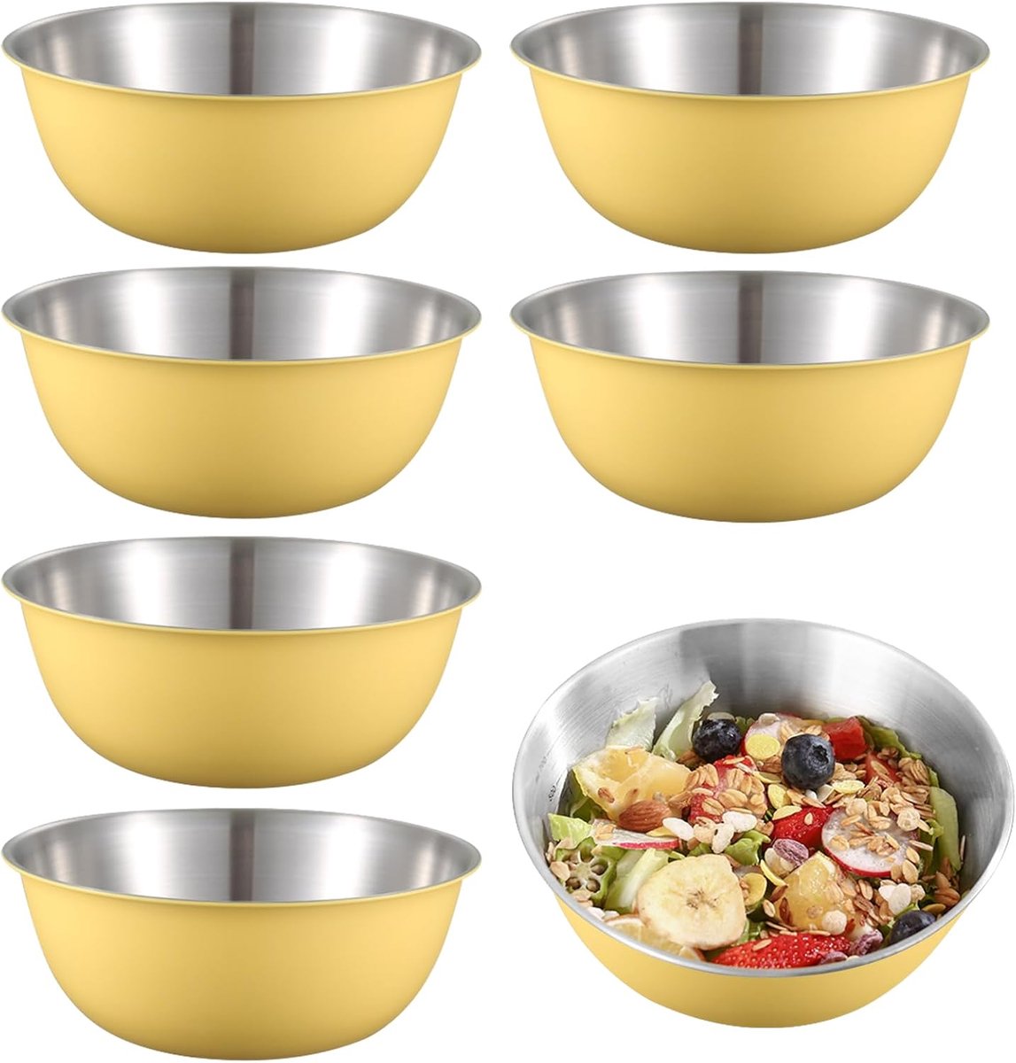 6-delig Schaalset, Ø 17 cm Stapelbaar Metalen Schaalset Hoogwaardige Roestvrijstalen Schalen Vaatwasmachinebestendig voor Saladeschaal Serveerschaal Dipschaal,Geel