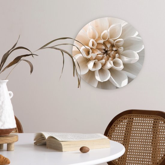 Wandcirkel met close-up van witte dahlia met beige hart, in een eetkamer.