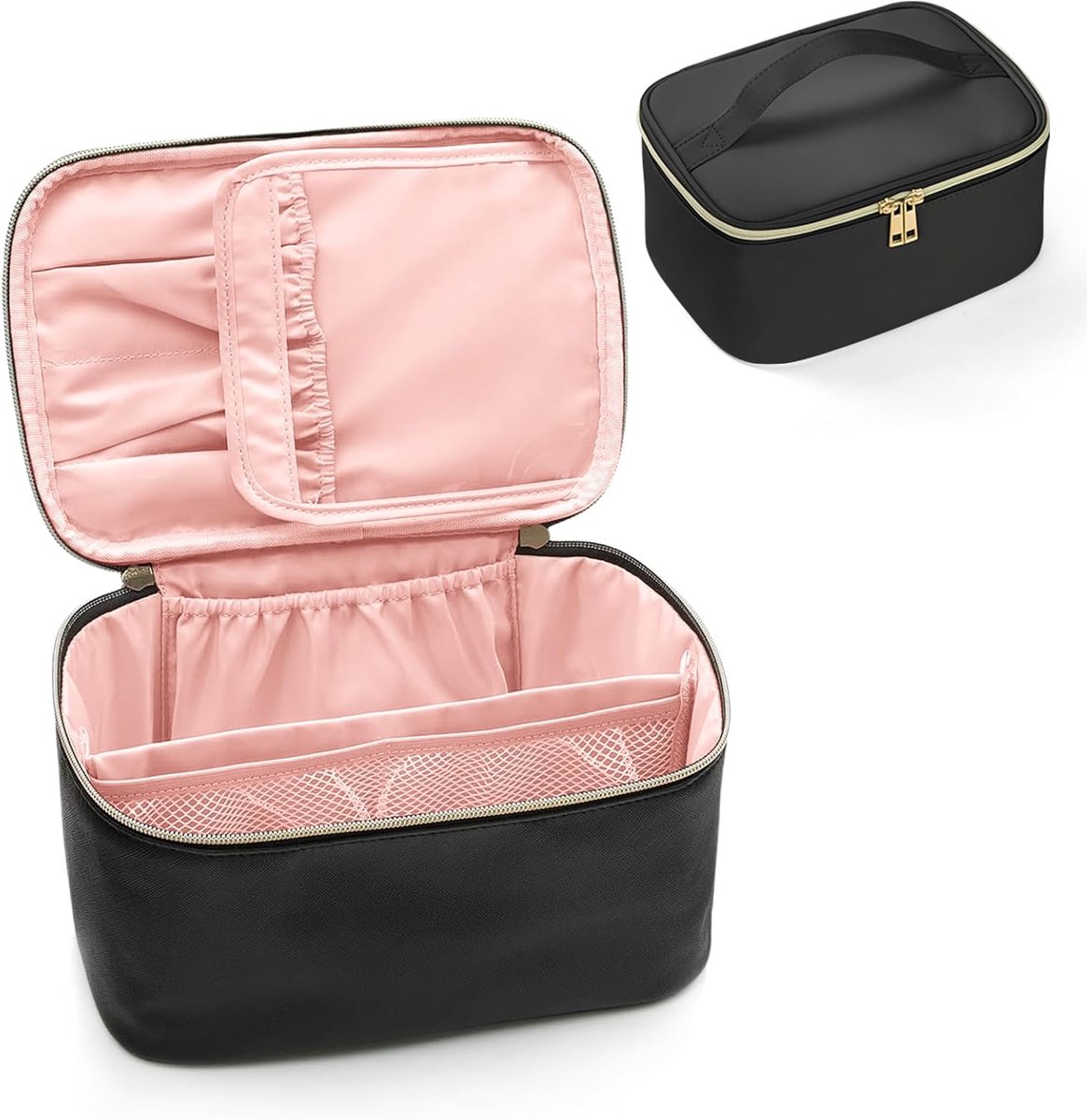 Toilettas voor dames, reizen, grote make-up tas met afneembare scheidingswand en handvat, waterdicht, reistas, borsteltas, #1 Zwart, 24 x 16.5 x 12 cm