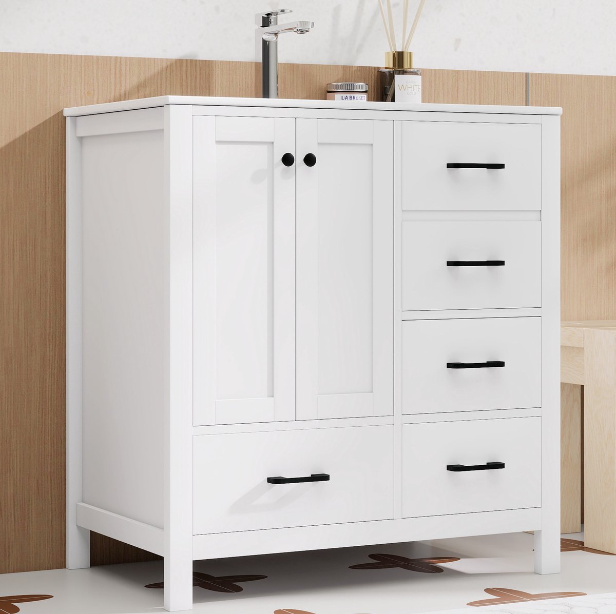 HAUSS SPOLE Badkamermeubel - Staande Wastafelkast Met Keramische Wastafel En 4 Lades - Voor Badkamer - MDF En Wit - 76x46x82 Cm