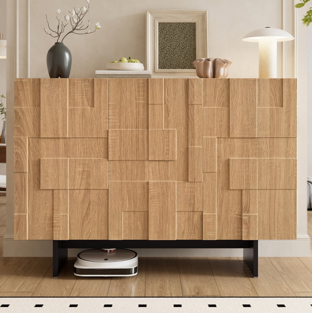 OKWISH Dressoir – Sideboard Met 3 Deuren En Verstelbare Planken – 105 × 33,5 × 76 cm – Franse Stijl – MDF En Bamboe Naturel Zwart