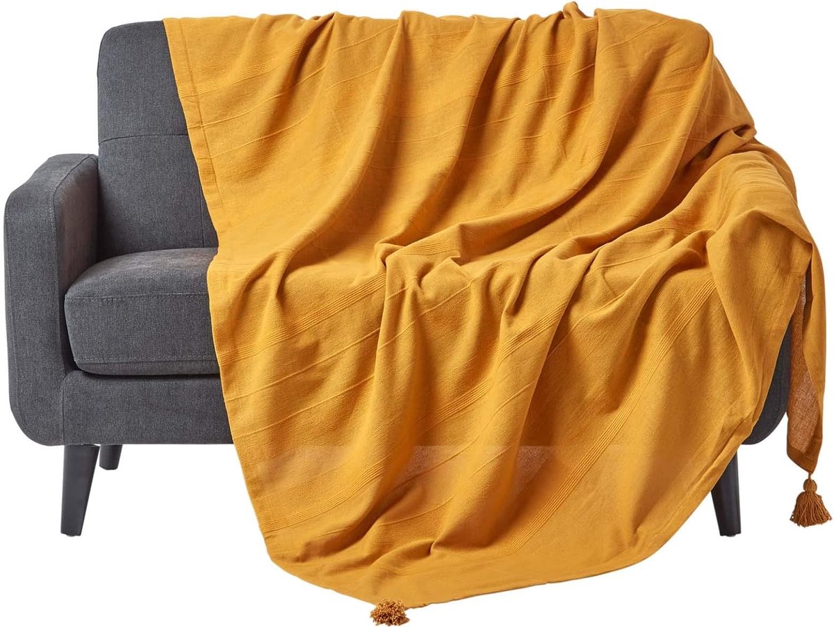 - Rajput Geribbelde plaid - 90 x 100 inch - Mosterdgeel - Handgemaakt 100% katoen - Geschikt voor 2-zits banken - Dubbele spreien - Gemakkelijk te onderhouden wasbaar thuis