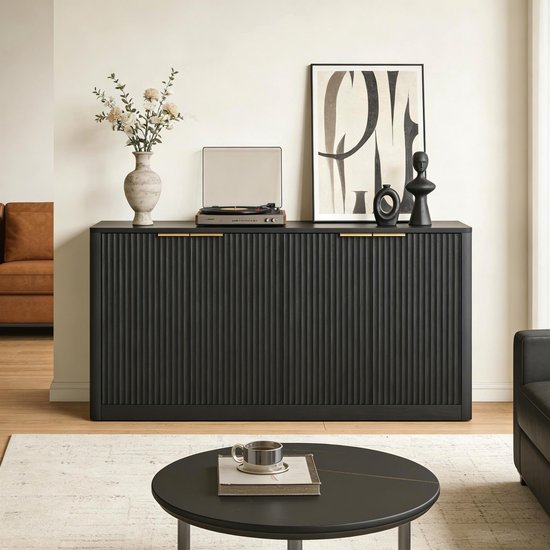 FloraGrace Dressoir - Golvend Paneeldesign Met 4 Deuren - Veelzijdige Opbergkast Voor Woonkamer En Keuken - MDF - 150x40x70,5 Cm - Zwart
