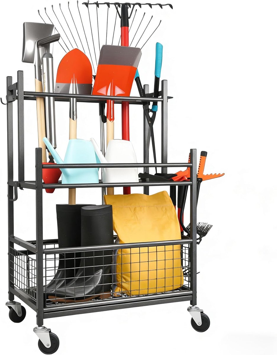 Tuingereedschapsorganizer met Remwielen, Zwaarbelaste Metalen Tuingereedschapstandaard, 16 Vakken & 19 Haken voor Langsteelgereedschap, Slang en Gazonhark, Ideaal voor Garage, Schuur & Buitengebied