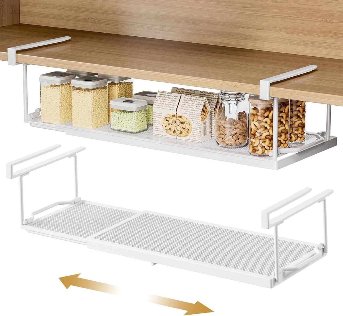 2 stuks Onderrek, hangmand, metalen hangmand, rek, opbergmand, verstelbaar 38-70 cm, kastmand voor keuken schoenenkasten en kledingkasten (wit)