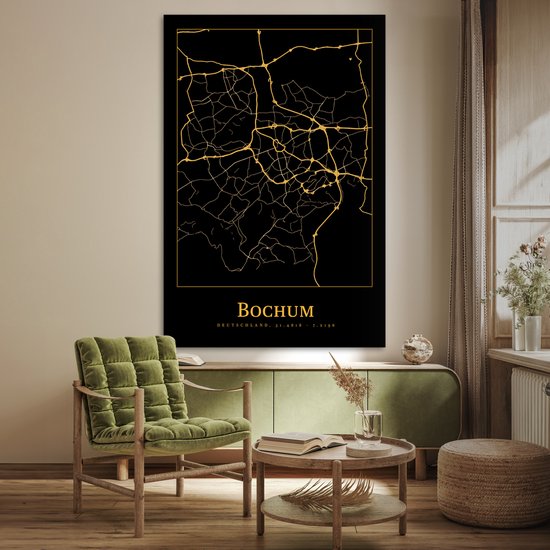 Poster 120x180 cm - Kaart - Bochum - Goud - Zwart - Posters - Kamer decoratie - Wanddecoratie woonkamer - Muurdecoratie slaapkamer XXL