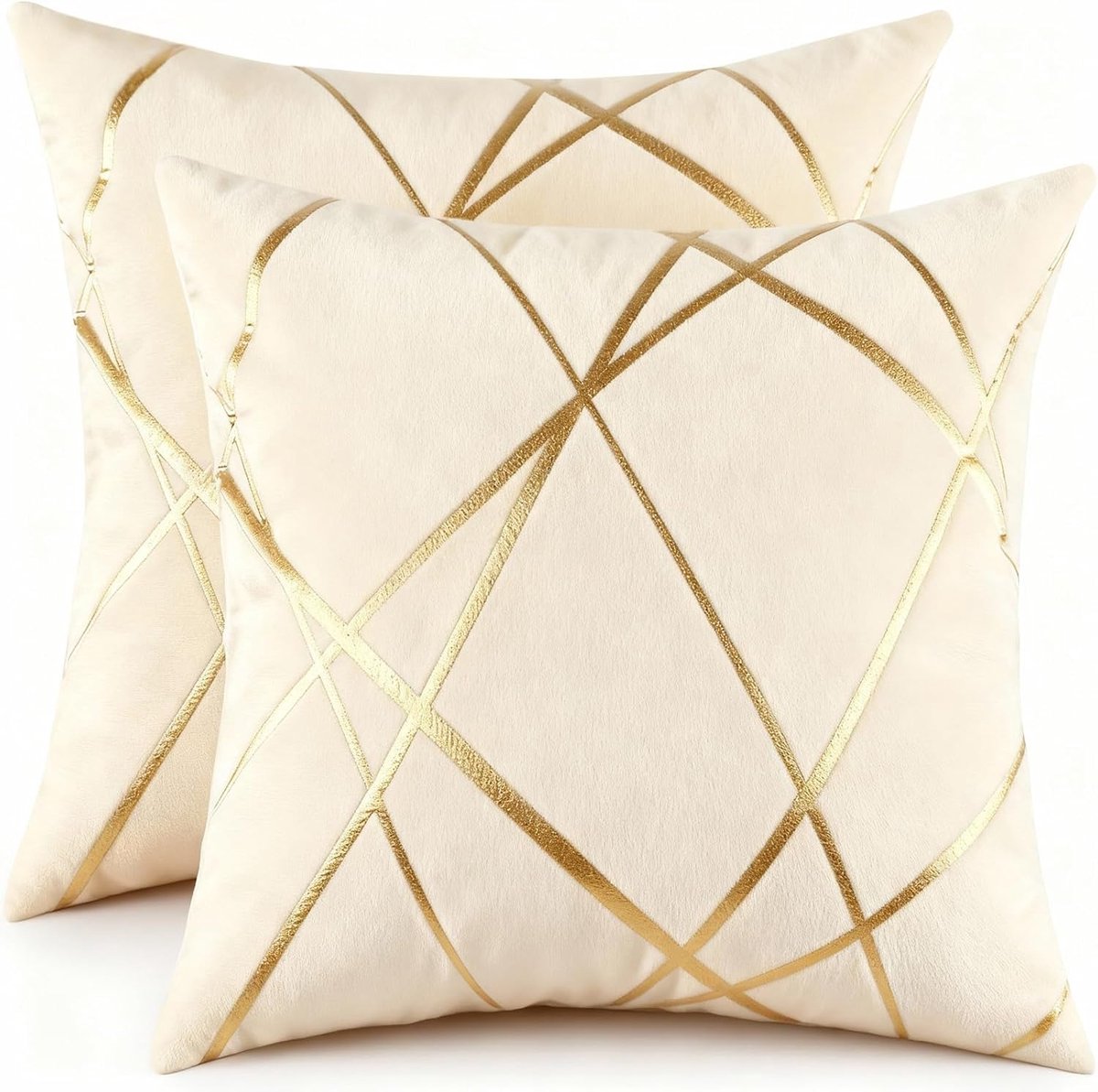 Set van 2 fluwelen kussenslopen 40 x 40 cm luxe gouden gestreepte decoratieve sierkussenhoezen taupe zachte vierkante kussensloop bankkussen voor bank woonkamer slaapkamer