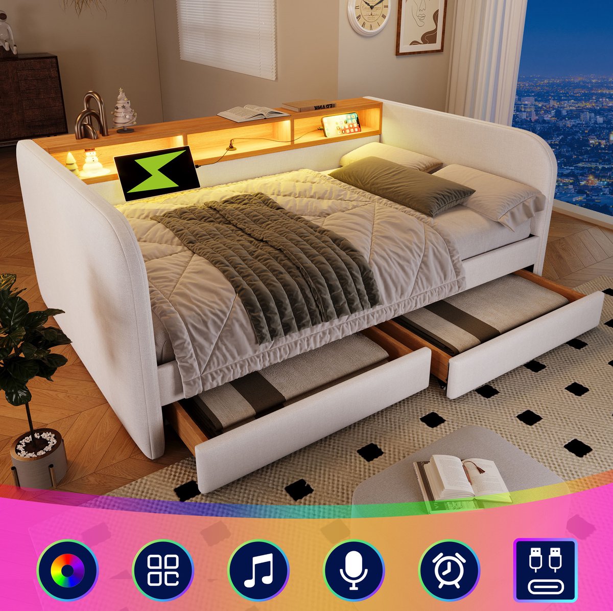FloraGrace Bedbank 140x190 cm - Met LED, USB En USB-C - Met 2 Lades En Opberghoofdbord - Zonder Matras - Linnen - Hellbeige lichtbeige