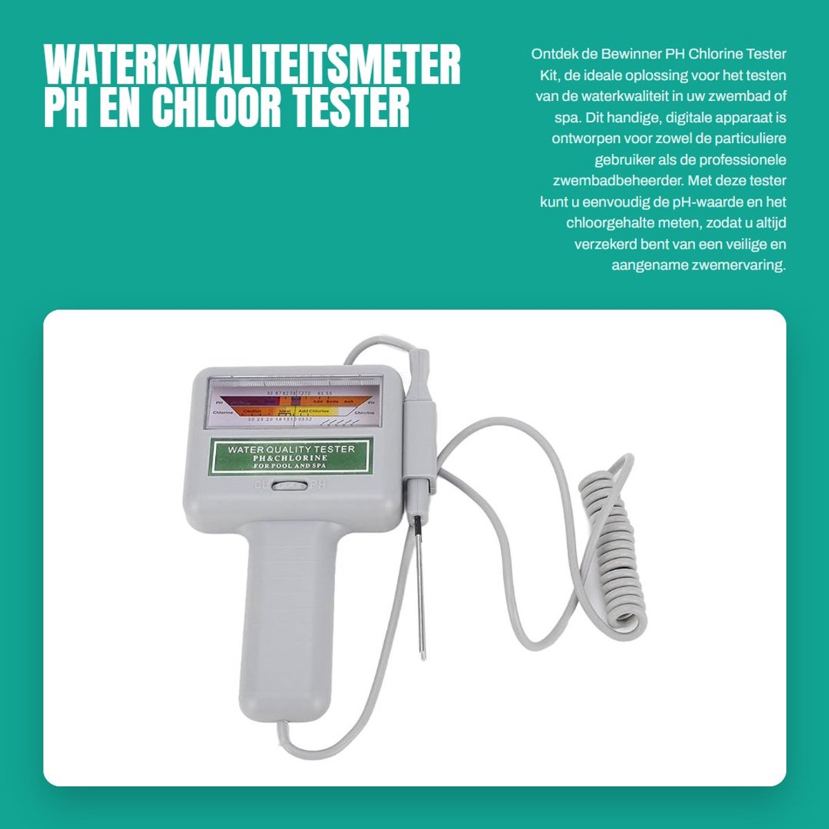 Dailygoods - Waterkwaliteitsmeter - pH en Chloor Tester - Handzaam en Digitaal - Geschikt voor Zwembad en Spa - Gemakkelijk in gebruik - 0.21 kg