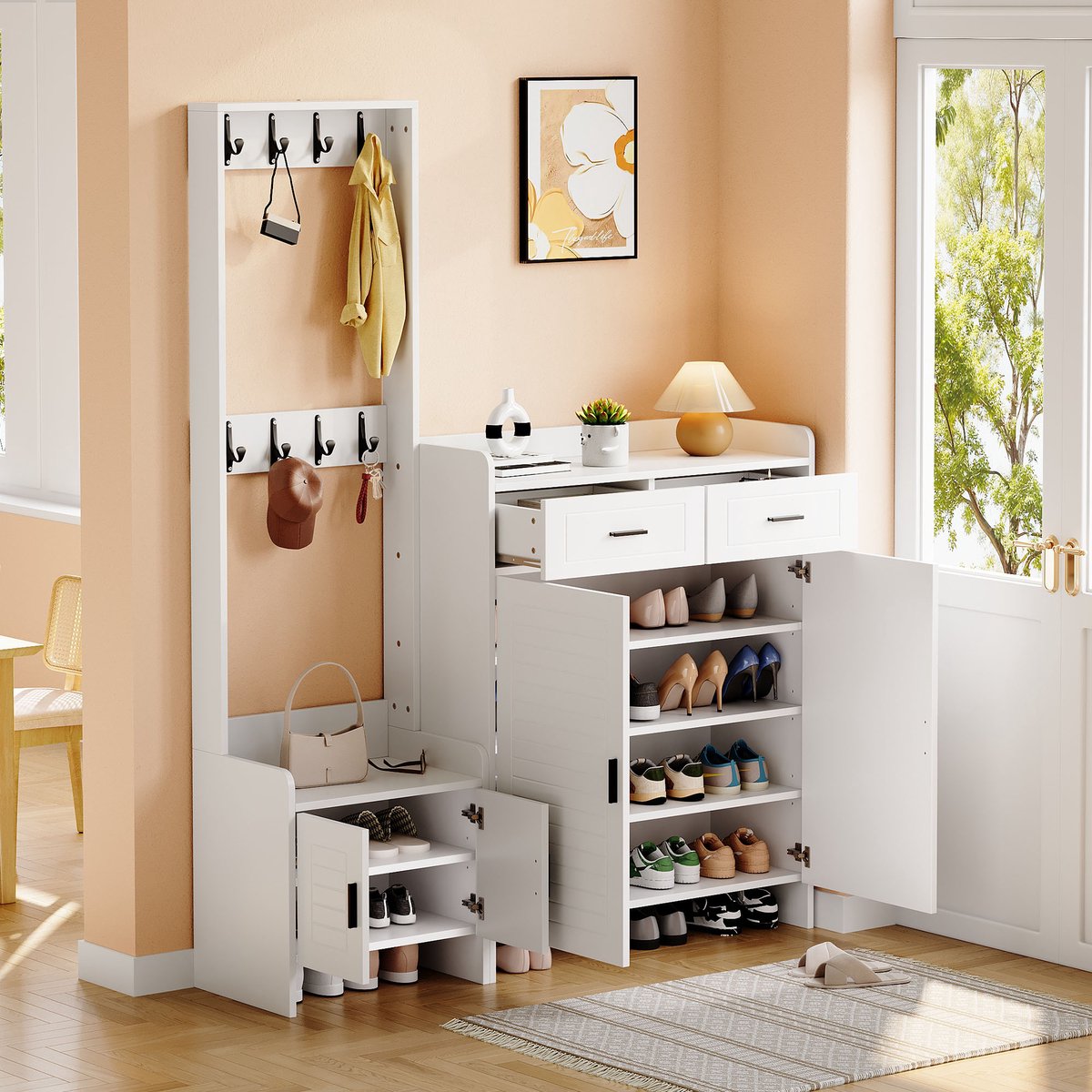 Halmeubel 125x36x165 cm - kast - schoenenkast set - met 2 lades en 8 haken - geschikt voor gang en hal - wit