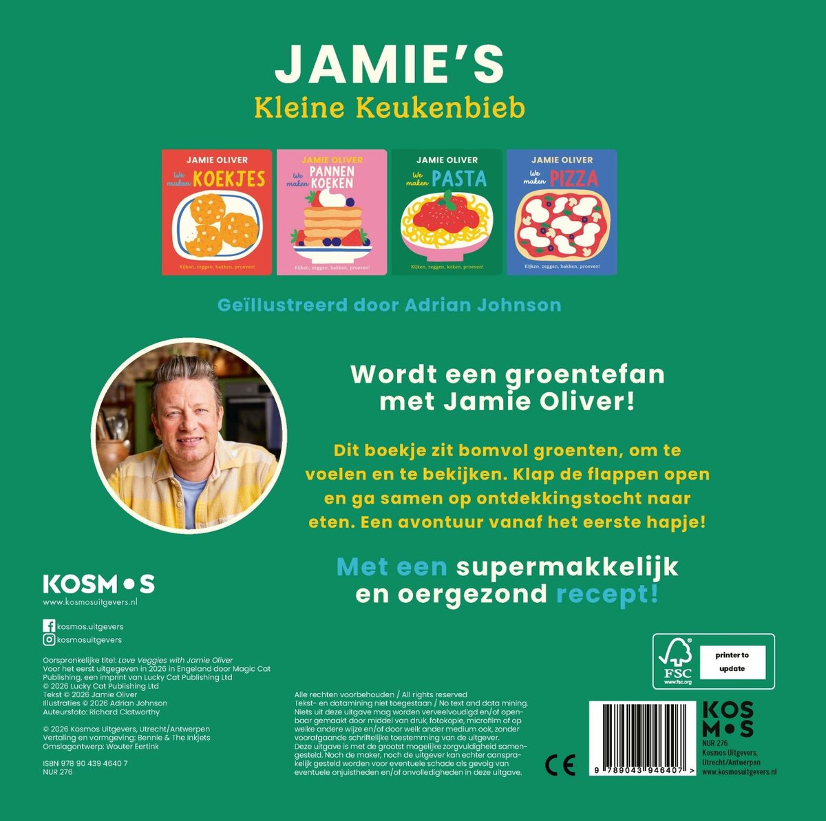 Jamie's kleine keukenbieb: Werkt een groentefan met Jamie Oliver! Boek met flappen. Achterkant toont Jamie Oliver, 4 kinderboeken over koken en de FSC-logo's.