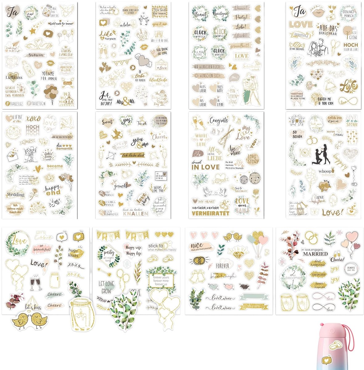 Dailygoods- Stickers Vintage - 12 Vellen Decoratieve Bruiloft Stickers - Scrapbook Accessoires - Waterdicht - Retro Boho Stijl - Voor Gastenboek en Cadeauversiering - Decoratiestickers
