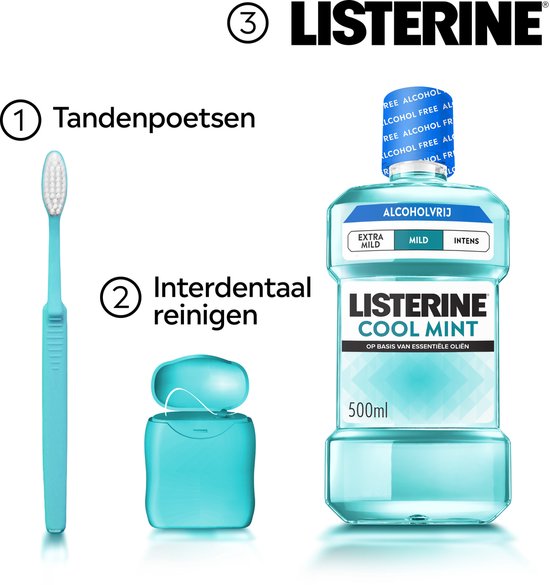 Listerine Cool Mint Mild Mondspoeling, Met Essentiële Oliën, Tegen Slechte Adem en Tandplak, Mild Muntsmaak, 3x500 ml