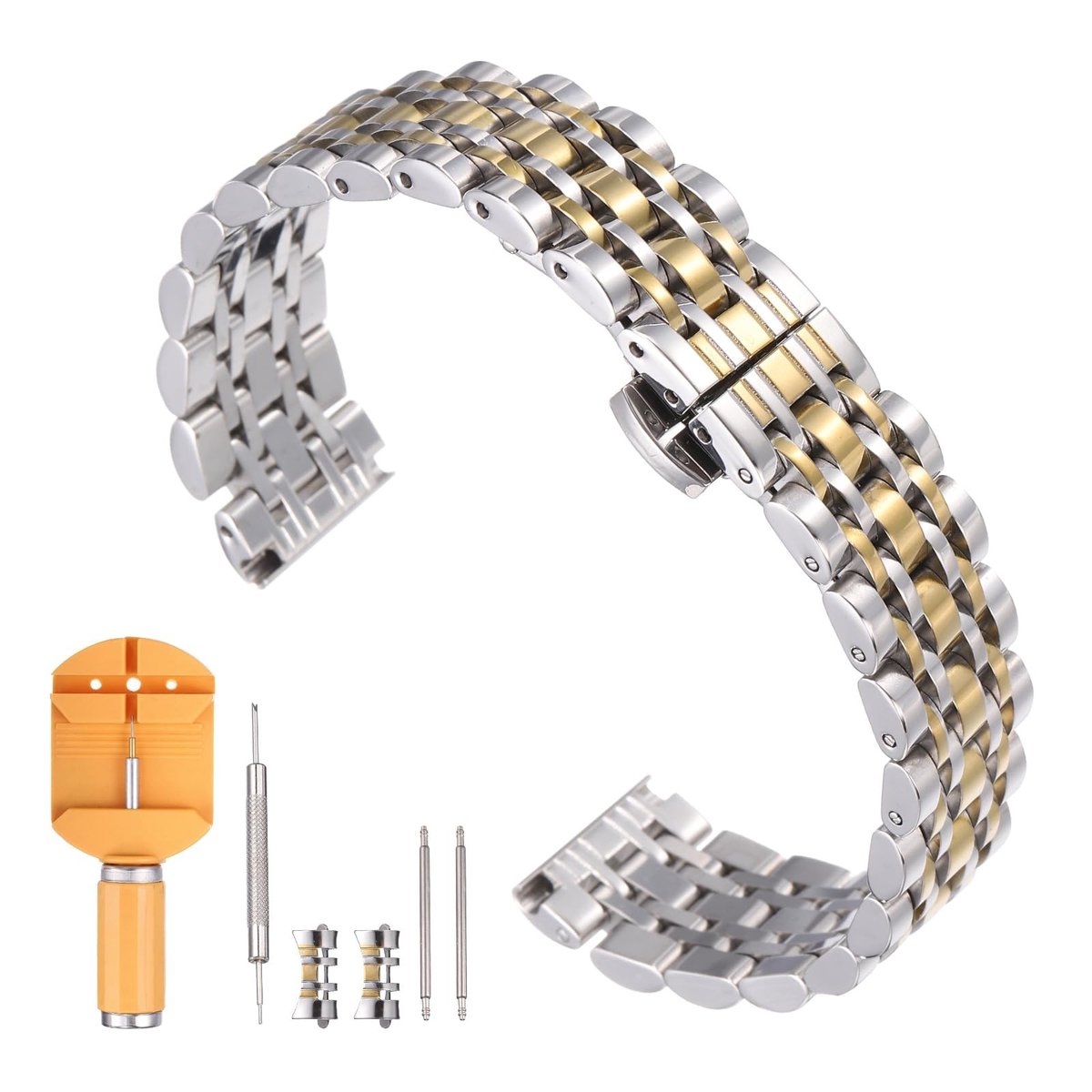 Dailygoods - QUARKZMAN Horlogeband van roestvrij staal, 18 mm, snelsluiting, gepolijste metalen armband, vervangende vlindergesp, horlogeband met gereedschap voor het verwijderen, zilver/goud