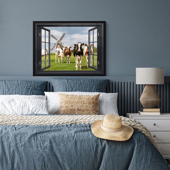 Poster in lijst - Fotolijst 80x60 cm - Posters - Doorkijk - Koe - Molen - Koeien - Weiland - Gras - Groen - Posterlijst zwart - Decoratie - Wanddecoratie woonkamer - Muurdecoratie slaapkamer