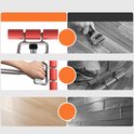 Collage van productafbeeldingen, waaronder de rol, close-ups en toepassingen op verschillende vloeren.