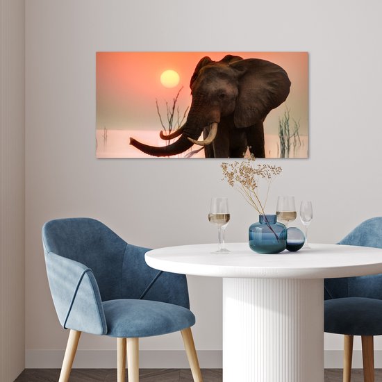 Poster 80x40 cm - Olifant - Dieren - Water - Zonsondergang - Posters - Kamer decoratie - Wanddecoratie woonkamer - Muurdecoratie slaapkamer