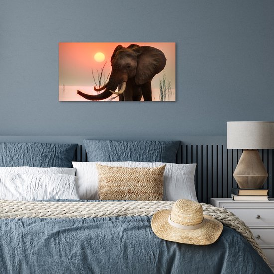 Poster 80x40 cm - Olifant - Dieren - Water - Zonsondergang - Posters - Kamer decoratie - Wanddecoratie woonkamer - Muurdecoratie slaapkamer