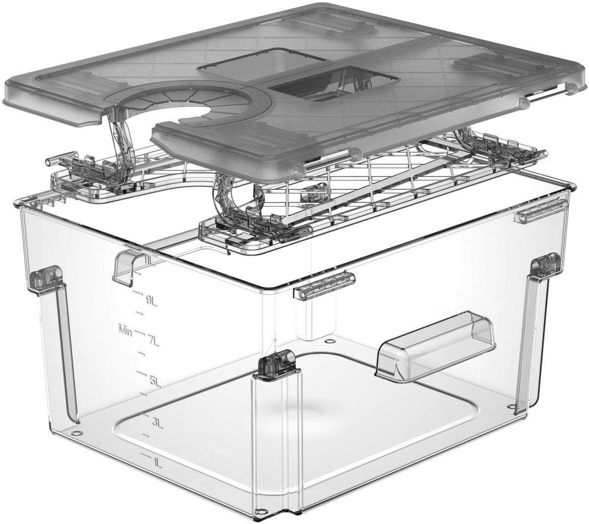 Dailygoods- Sous-vide-container 11 l - Dubbel deksel - Geïntegreerd roosterontwerp - 360° watercirculatie - Gemakkelijke toegang - Voorkomt opdrijven gerechten - Sous-vide-bak