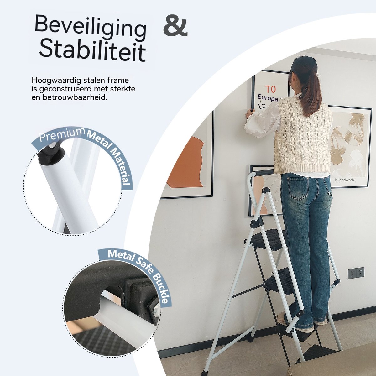 Witte trapladder - Opvouwbare ladder - Keukentrap-Huishoudtrap – Brede treden – Anti-slip – Veiligheidsbeugel - Staal - Keuken - 4 treden- Inklapbaar-Wit – foto 7
