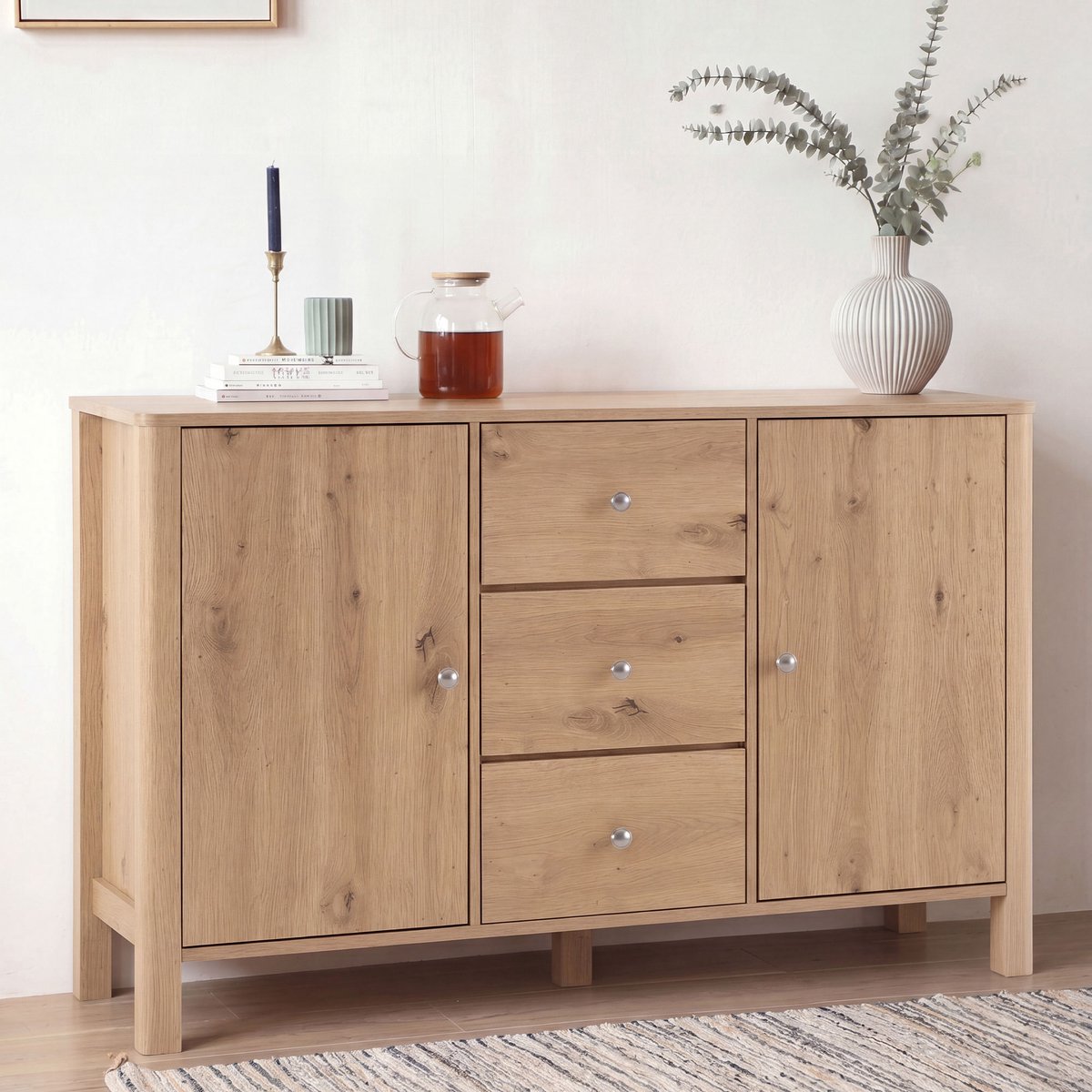 HAUSS SPOLE Dressoir - Moderne Opbergkast Met 3 Lades En 2 Deuren - Voor Eetkamer Woonkamer En Slaapkamer - Spaanplaat - 120x40x80 Cm - Eiken
