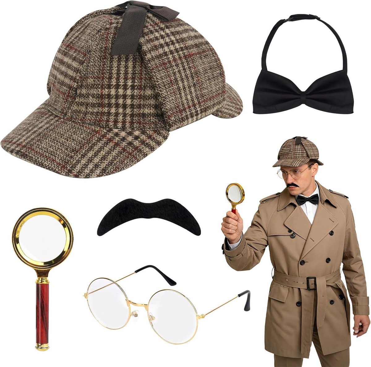 Detective Kostuum Accessoire Set, 5-delig met Hoed, Vergrootglas, Bril, Stropdas en Baard voor Halloween en Cosplay, Perfect voor 1920s Themafeesten