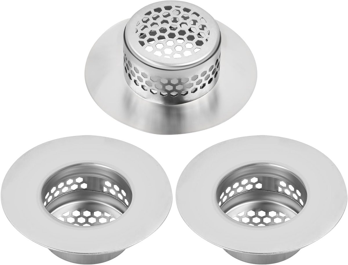 RVS Afvoerzeef Set van 3 Stuks voor Keuken en Badkamer - Snelle Afvoer, Eenvoudig te Reinigen, Bescherming tegen Haar en Vuil