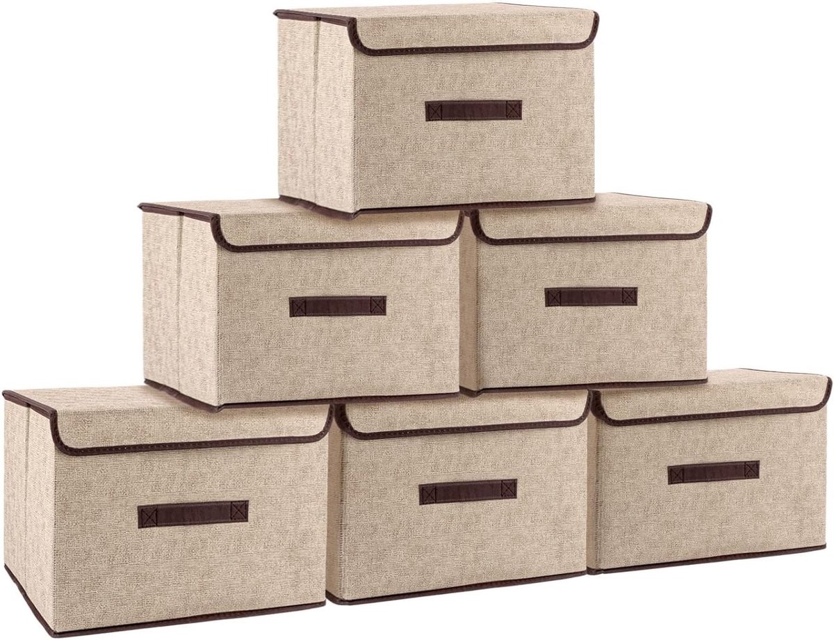 Opvouwbare Opbergdozen met Deksel - Set van 6 - Beige - 36 x 23 x 24 cm - Wasbare Opbergboxen voor Kleding en Sokken - Ruimtebesparend en Handig