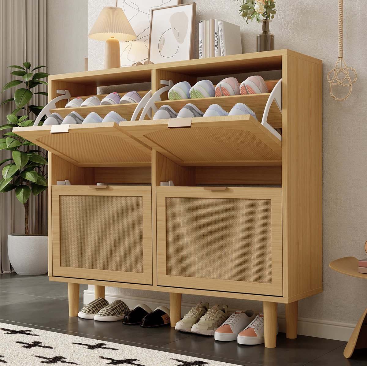 DESMIU Schoenenkast - 4 Kleppen Met Ventilerend Rotan Design - Voor Hal En Slaapkamer - Spaanplaat - 100x25x90 Cm - Licht Eiken Light Oak