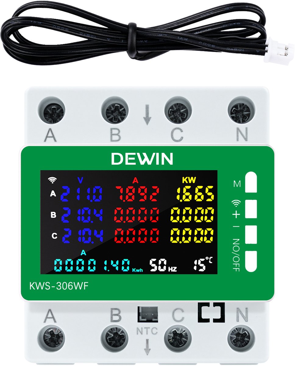 KWS-306WF Tuya WiFi Elektriciteitsmeter - Verbruiksmeter - 3 fase 4 geleider Voltmeter en Ampèremeter Energiemeter - DIN-rail met App-afstandsbediening