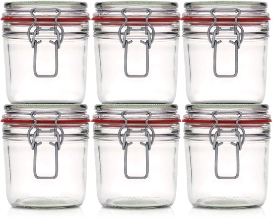 Ensemble promotionnel de six bocaux en verre Weck vides, avec joints en caoutchouc rouge et mécanismes de fermeture argentés.