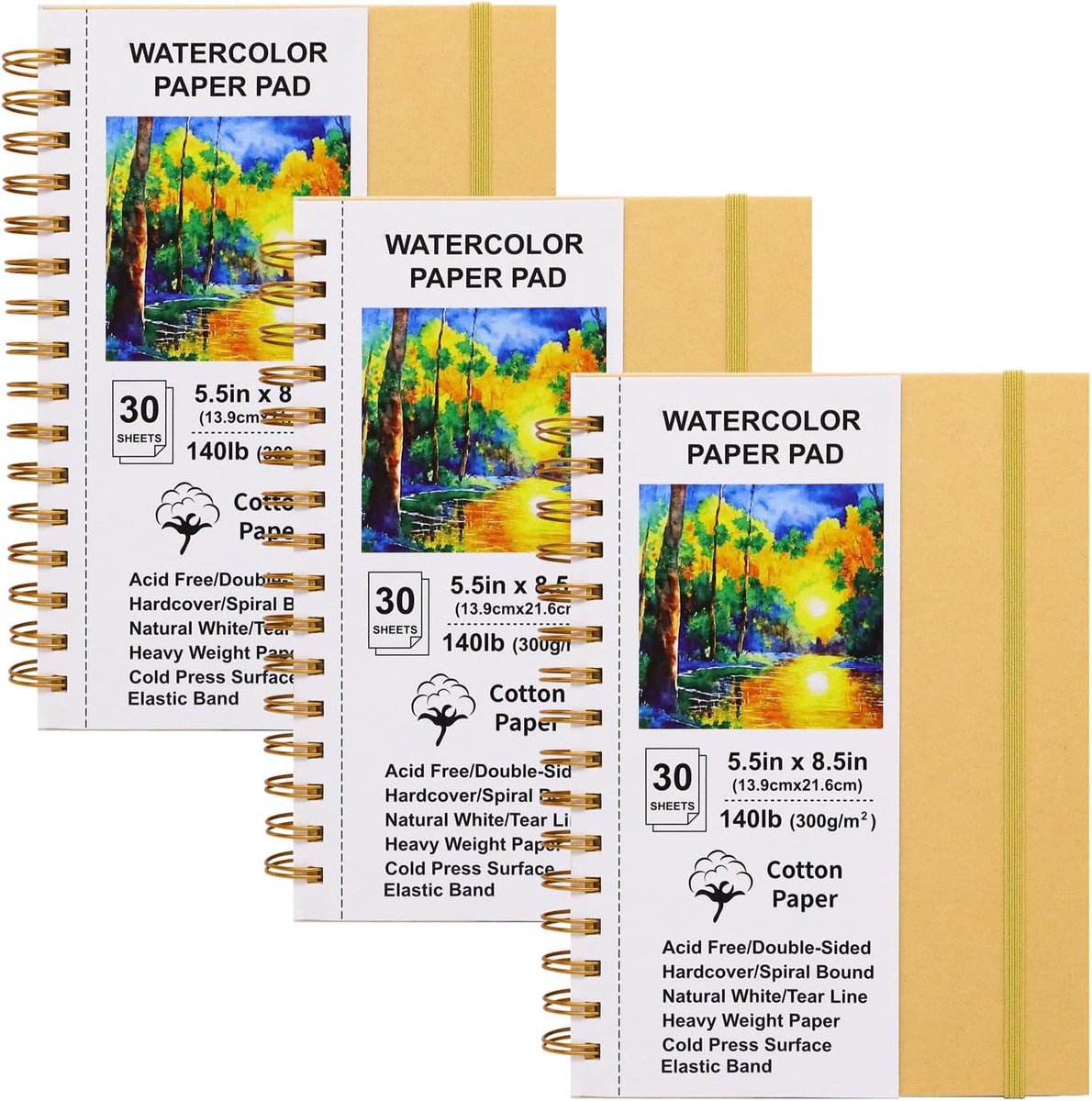 Papierblokken Aquarel - Schetsboeken Set - Schilderen Tekenen - Koudgeperst Katoen - 3 Pak 5.5x8.5 - Kraft