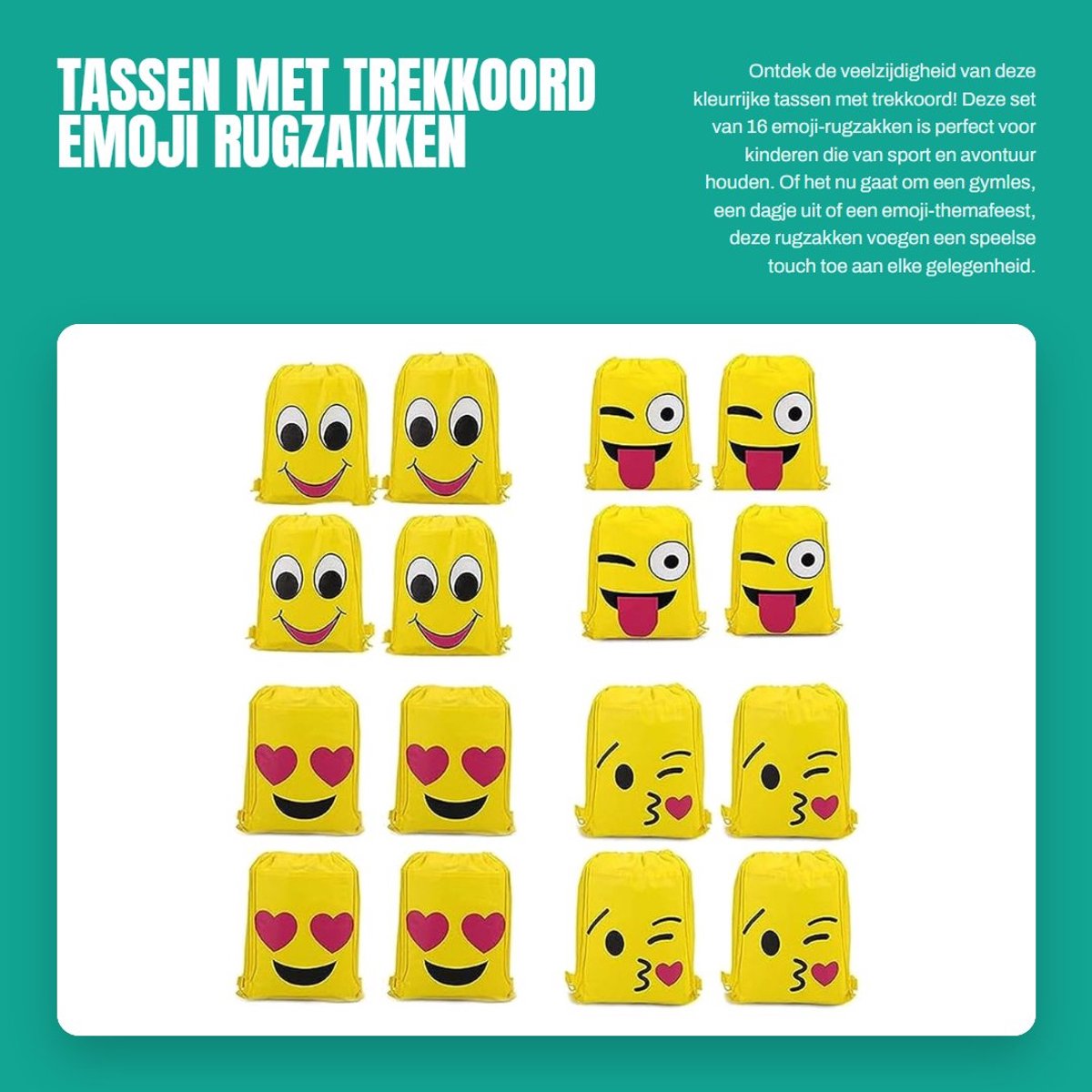 Dailygoods- Tassen met Trekkoord - 16 Stuks - Emoji/Rugzakken - Sporttas/Kindertas - Licht Waterdicht - Verjaardagscadeau/Decoratie - 13.4 x 10.63 inch - Rugzak