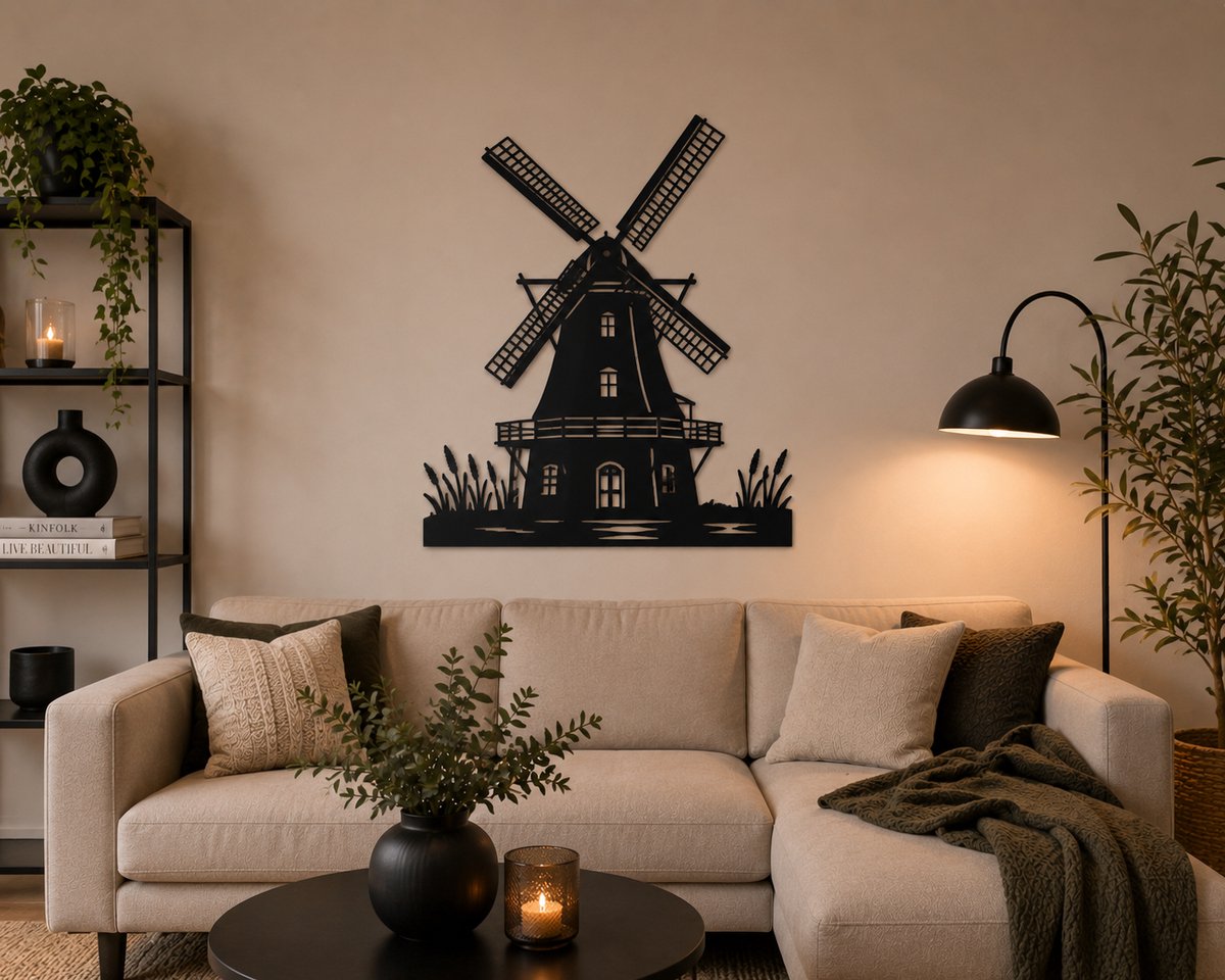 Nederlandse Molen Wanddecoratie van Zwart MDF 6 mm – Laser Gesneden Muurdeco – 35 cm Breed
