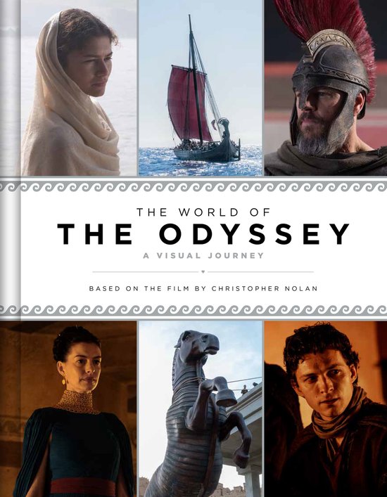 Couverture du livre 'The World of The Odyssey', avec un montage de personnages et un navire. Texte : 'The World of The Odyssey'.