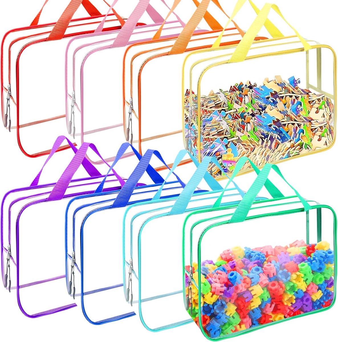 OLOEY 8 stuks in 8 kleuren-opbergzakjes voor speelgoed-herbruikbare doorzichtige PVC-opbergzakjes voor bordspellen-opbergers en opbergzakjes met ritssluiting voor bouwblokken-puzzels en handgemaakte accessoires-doorzichtige toilettas