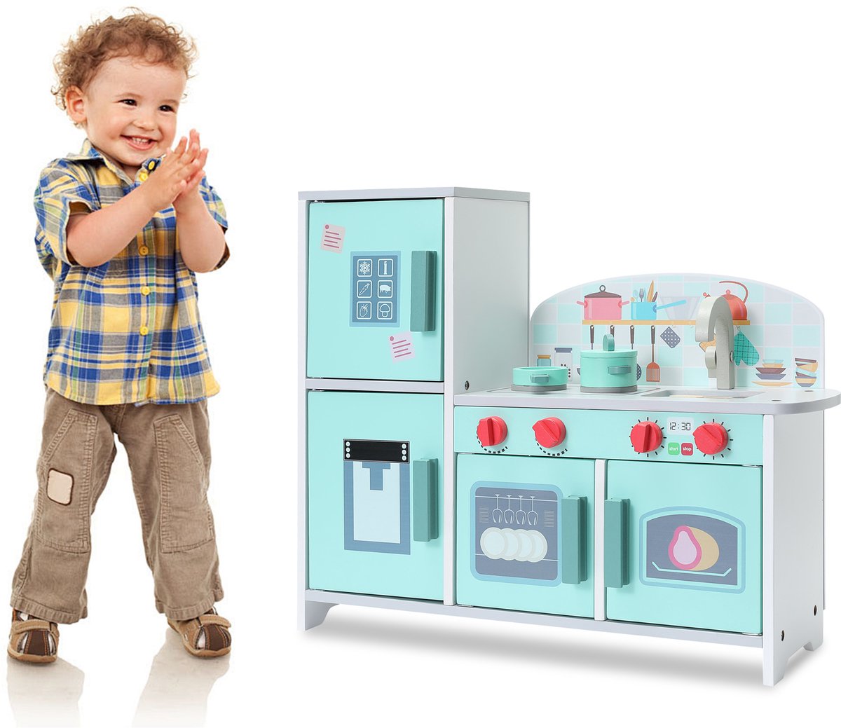 HomeMiYN Mini Speelgoed Keuken – Kinderkeuken Groen met Koelkast – Compacte Speelkeuken met Accessoires – Educatief Keukenspeelgoed voor Kinderen