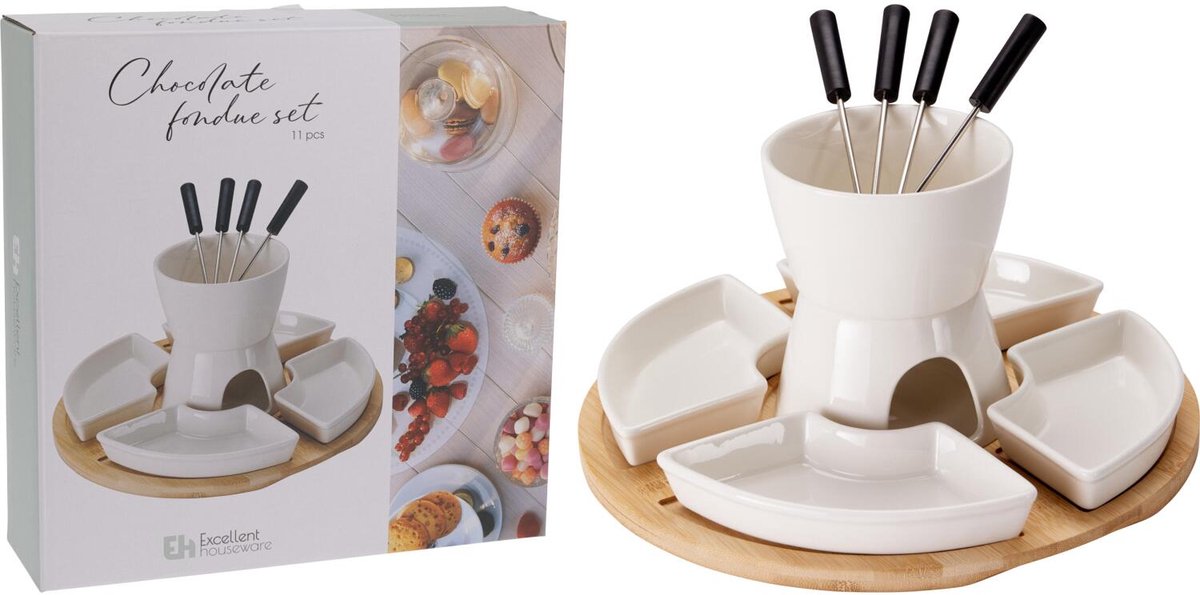 Excellent Houseware Chocolade fondue set - keramiek/bamboe - fondueset - incl 4 vorken – foto 3