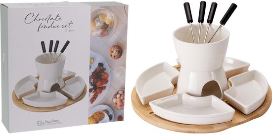 Excellent Houseware Chocolade fondue set - keramiek/bamboe - fondueset - incl 4 vorken van Excellent Houseware. — afbeelding 3
