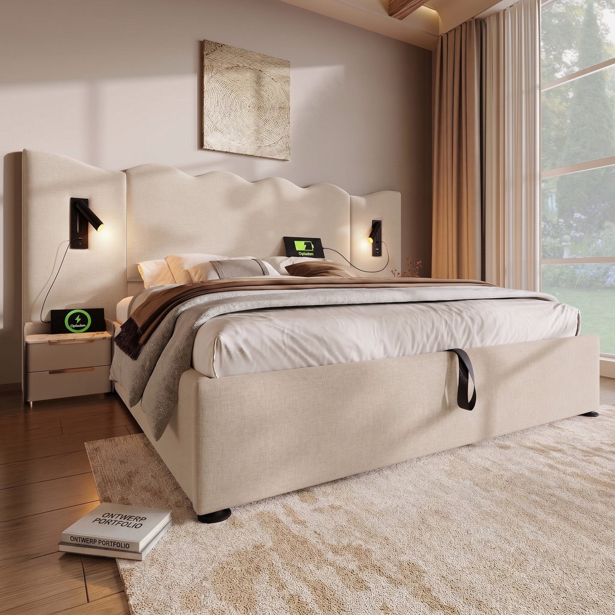 VVBV Gestoffeerd Opbergbed 160x200 cm - USB-C, Hydraulische Opbergruimte, Lattenbodem, Lee