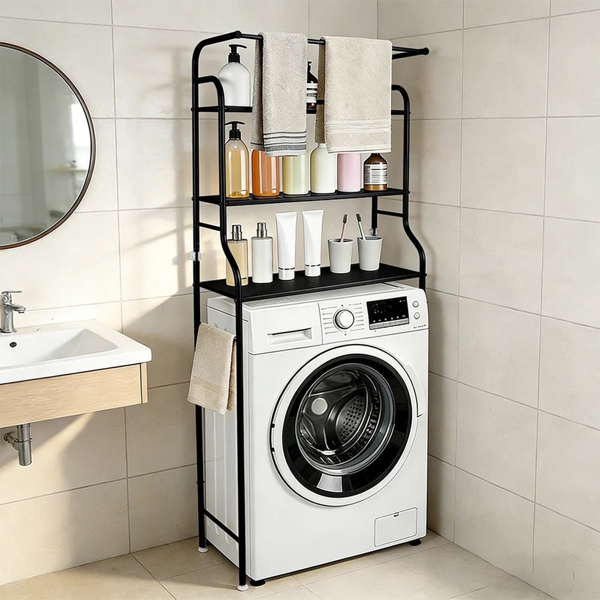 Dailygoods 3-laags wasmachine- en drogeropbergrek met handdoekhangers, wasmachine-opbergplank, voor wasruimtes en balkon