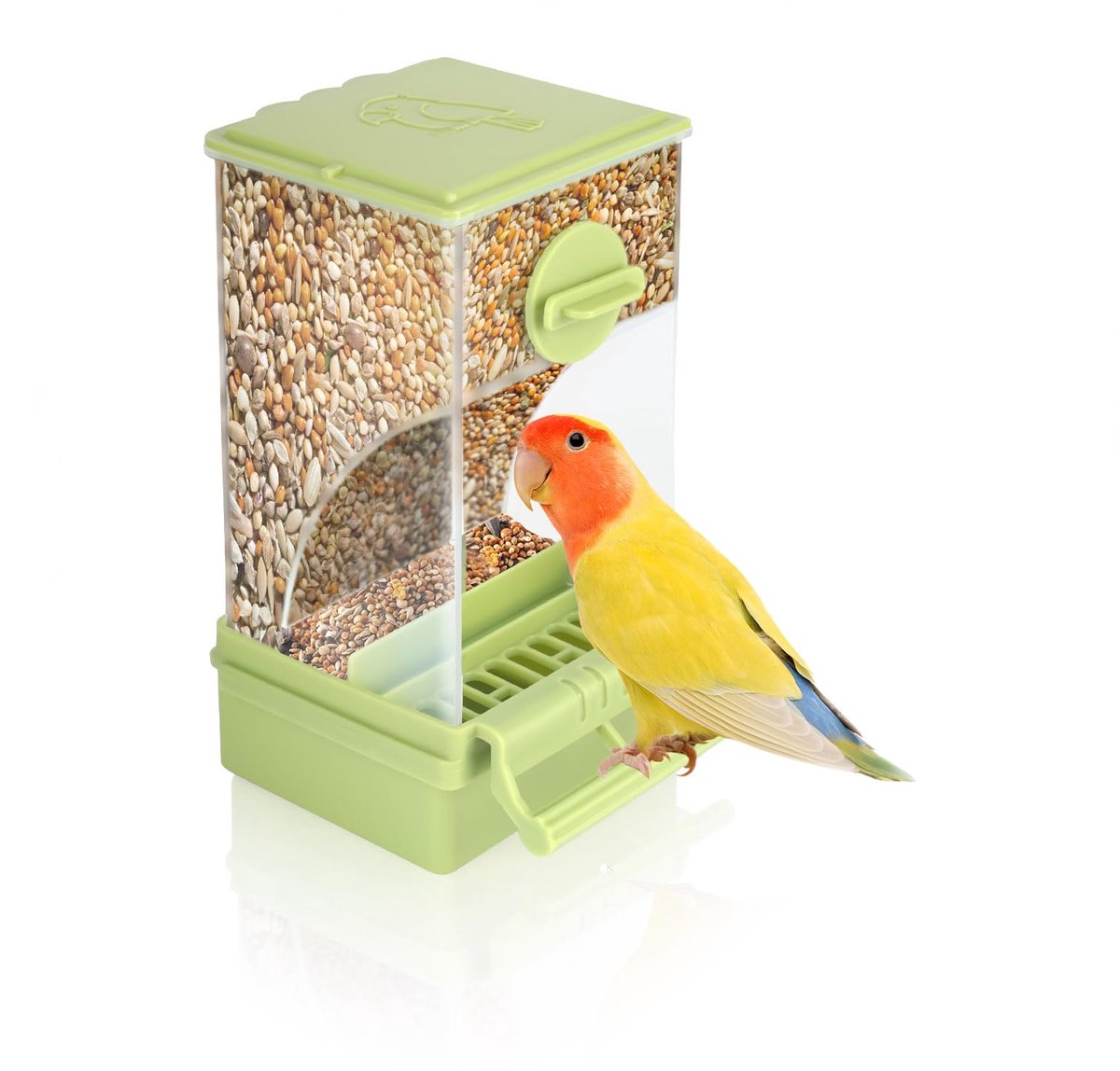 Vogelvoederhuisje - Automatische Vogelvoederbak voor Kooi - vogelvoederhuisje op paal - Transparante Zaadvoederbak met Zitstok - 18 x 7,5 x 8,5 cm - Groen