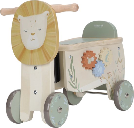 Houten loopfiets met tandwielen en zachte safari-print.