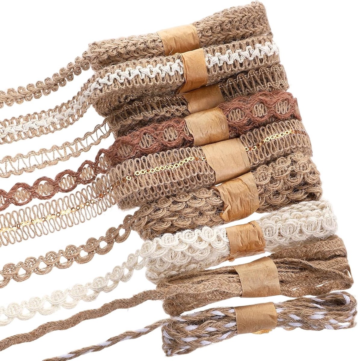 9 Rollen Natuurlijke Jute Kantlinten, 18m Vintage Burlap Ribbons voor Handwerken, Decoratieve Lint voor DIY Naaiwerk, Rustieke Bruiloft Versieringen en Cadeauverpakking
