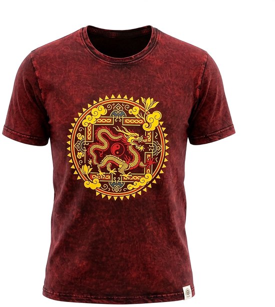 Nomad Sari Stonewashed Cotton T-Shirt - Dragon Mandala - Maroon - Small