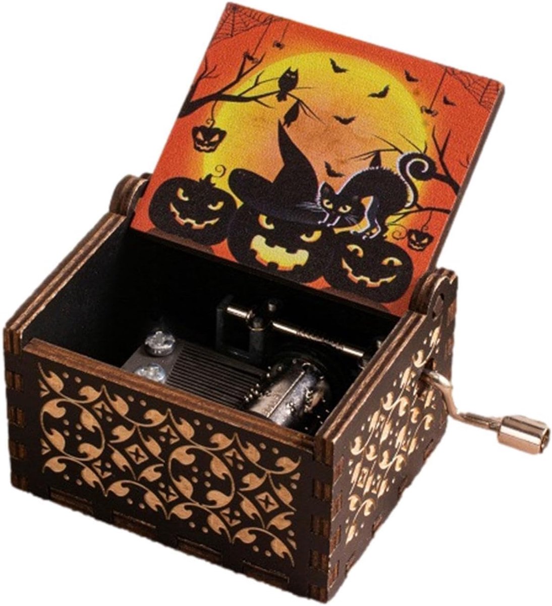 Halloween Muziekdoos - Draai Speeldoos - Feestelijke Decoratie - Handslinger Bediening - 96 x 6 cm - Houtkleur