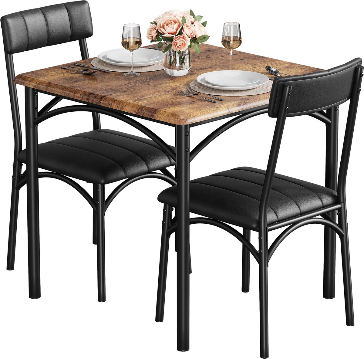 Eettafel Stoel Set 3-delig - 74 x 74 x 76 cm - Compact Ruimtebesparend Metalen Frame - Met 2 Beklede Stoelen - Kleine Eettafel voor Keuken of Eetkamer - voor Kleine Ruimtes - Bruin