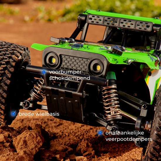 Voorkant van een groene en zwarte RC-auto "Acid Runner" met koplampen, grote banden en veren.